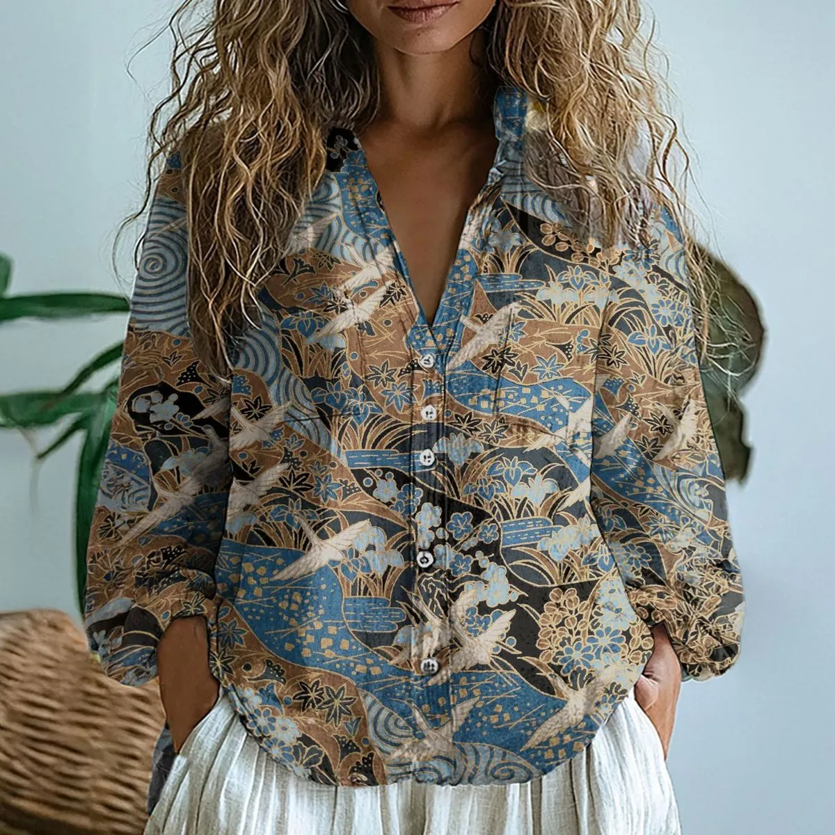 Women Casual Linen Fabric Printed V-Neck Long-Sleeve Blouse