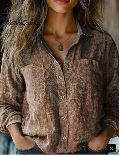 Women Casual Linen Fabric Printed V-Neck Long-Sleeve Blouse