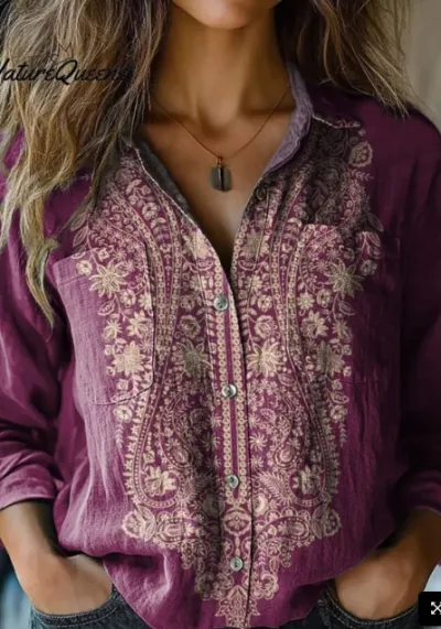 Women Casual Linen Fabric Printed V-Neck Long-Sleeve Blouse