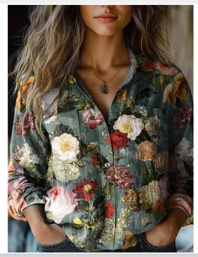 Women Casual Linen Fabric Printed V-Neck Long-Sleeve Blouse