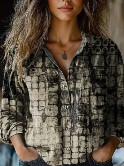 Women Casual Linen Fabric Printed V-Neck Long-Sleeve Blouse