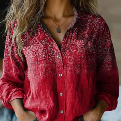 Women Casual Linen Fabric Printed V-Neck Long-Sleeve Blouse