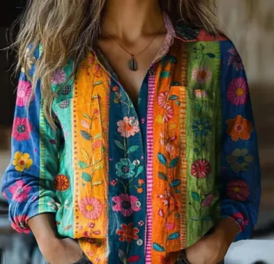 Women Casual Linen Fabric Printed V-Neck Long-Sleeve Blouse