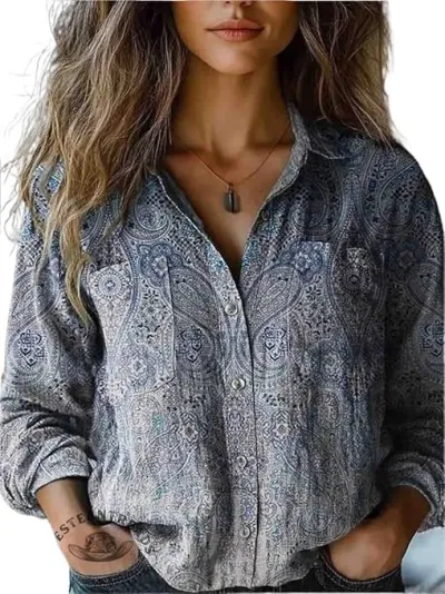 Women Casual Linen Fabric Printed V-Neck Long-Sleeve Blouse