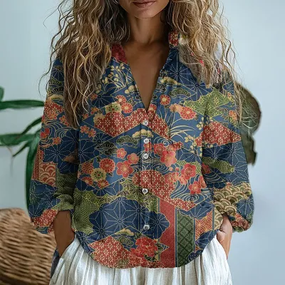 Women Casual Linen Fabric Printed V-Neck Long-Sleeve Blouse