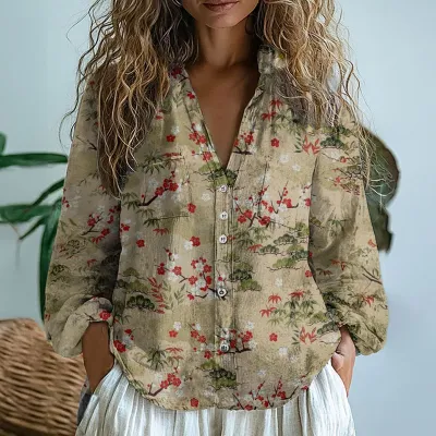Women Casual Linen Fabric Printed V-Neck Long-Sleeve Blouse