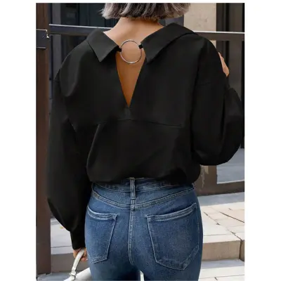 Women Casual Solid Color Metal Chain Backless Lapel Long Sleeve Blouse