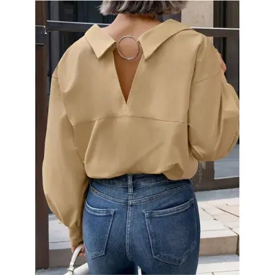 Women Casual Solid Color Metal Chain Backless Lapel Long Sleeve Blouse