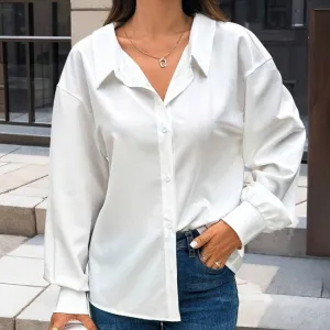 Women Casual Solid Color Metal Chain Backless Lapel Long Sleeve Blouse