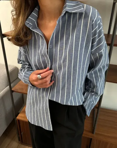 Women Casual Elegant Stripe Lapel Long Sleeve Blouse