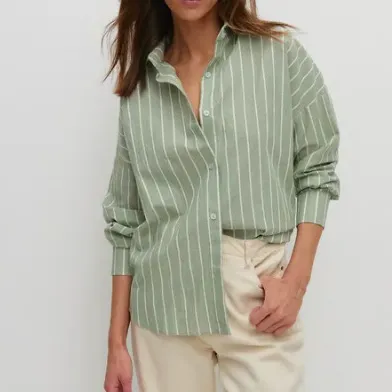 Women Casual Elegant Stripe Lapel Long Sleeve Blouse