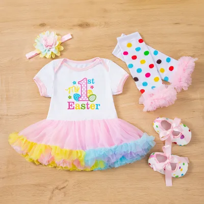 Kids Baby Girls Easter Party Printed Short-Sleeve Mesh Rompers 4-Piece Set with Socks Shoes Hairband
