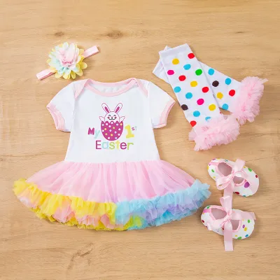 Kids Baby Girls Easter Party Printed Short-Sleeve Mesh Rompers 4-Piece Set with Socks Shoes Hairband