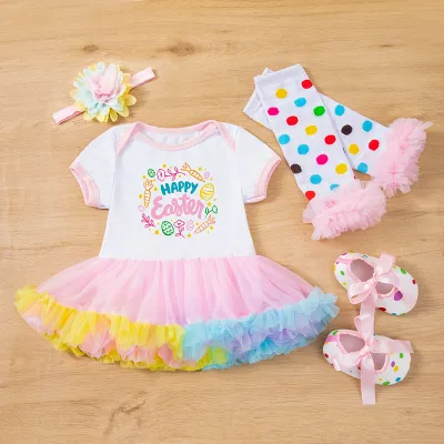 Kids Baby Girls Easter Party Printed Short-Sleeve Mesh Rompers 4-Piece Set with Socks Shoes Hairband