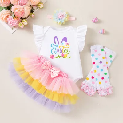 Kids Baby Girls Easter Printed Short-Sleeve Rompers Mesh Skirts Socks Hairband Four-Piece Set
