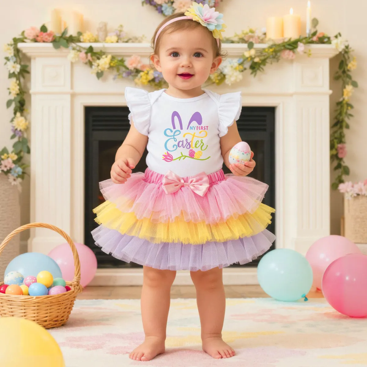 Kids Baby Girls Easter Printed Short-Sleeve Rompers Mesh Skirts Socks Hairband Four-Piece Set