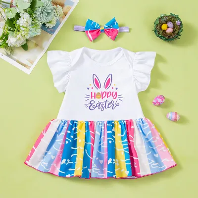 Kids Baby Girls Fashion Easter Day Printed Flutter Sleeve Dress Hairband Two-Piece Set