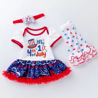 Kids Baby Girls Independence Day Letter Printed Short-Sleeve Mesh Rompers Hairband Socks Shoes Three-Piece Set