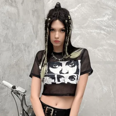 Women Sexy Printed Hollow-Out Stitching Mesh Crop Top