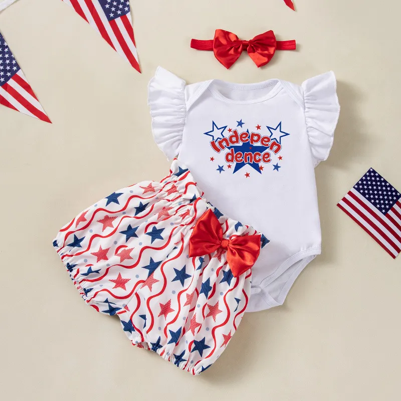 Kids Baby Girls Independence Day Letter Print Flutter Sleeve Romper Bowknot Shorts Hairband Three-Piece Set