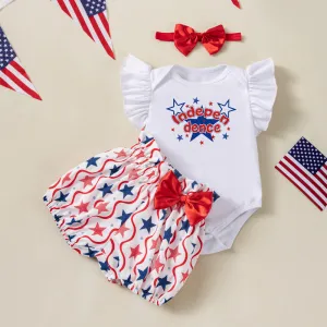 Kids Baby Girls Independence Day Letter Print Flutter Sleeve Romper Bowknot Shorts Hairband Three-Piece Set