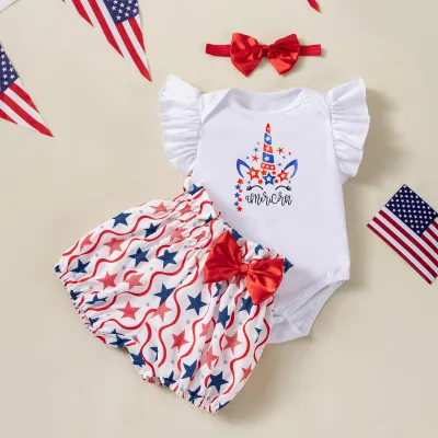 Kids Baby Girls Independence Day Letter Print Flutter Sleeve Romper Bowknot Shorts Hairband Three-Piece Set