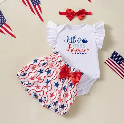Kids Baby Girls Independence Day Letter Print Flutter Sleeve Romper Bowknot Shorts Hairband Three-Piece Set