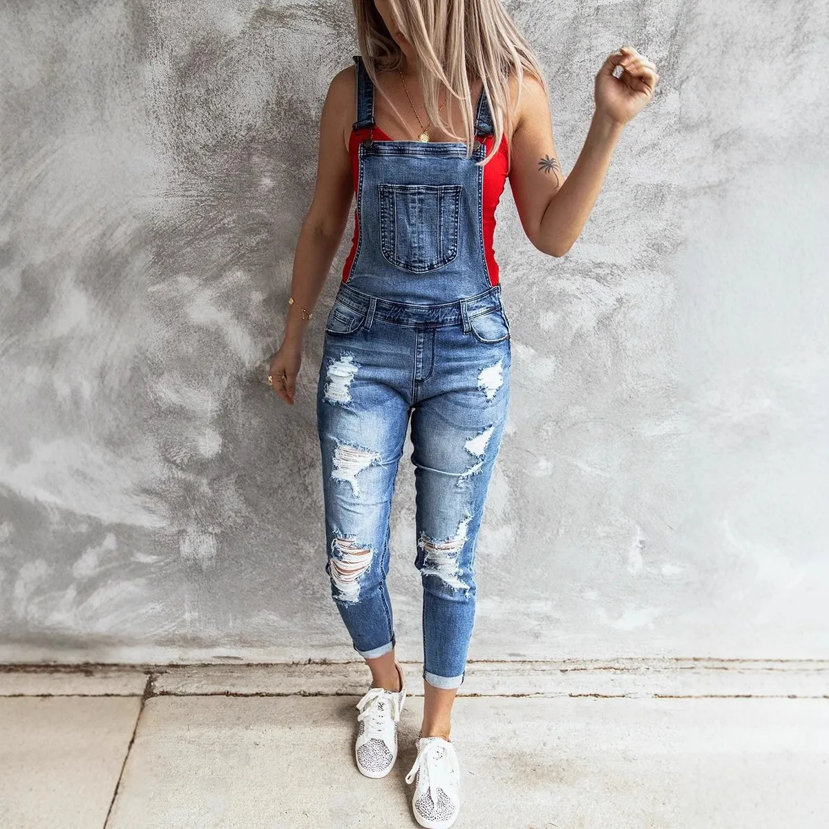 Women's Ripped Slim Fit Stretch Denim Overalls High Waist
