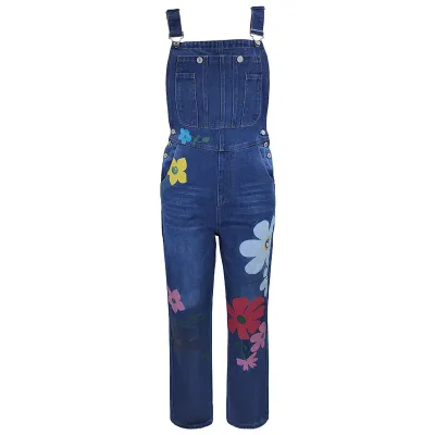Women Casual Washed Cotton Flower Printed Denim Overalls