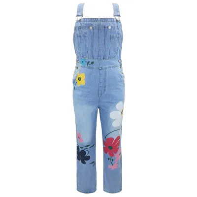 Women Casual Washed Cotton Flower Printed Denim Overalls