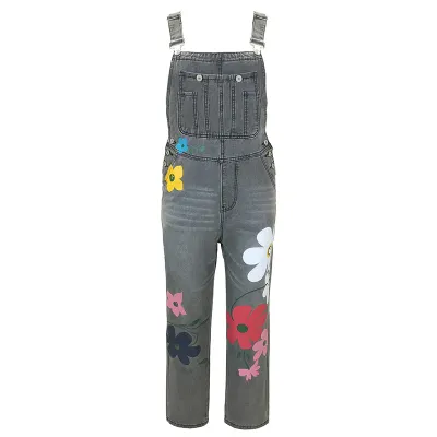 Women Casual Washed Cotton Flower Printed Denim Overalls