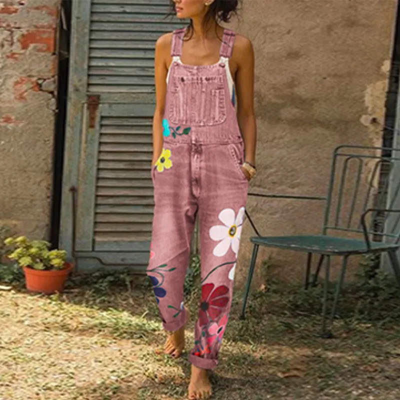 Women Casual Washed Cotton Flower Printed Denim Overalls