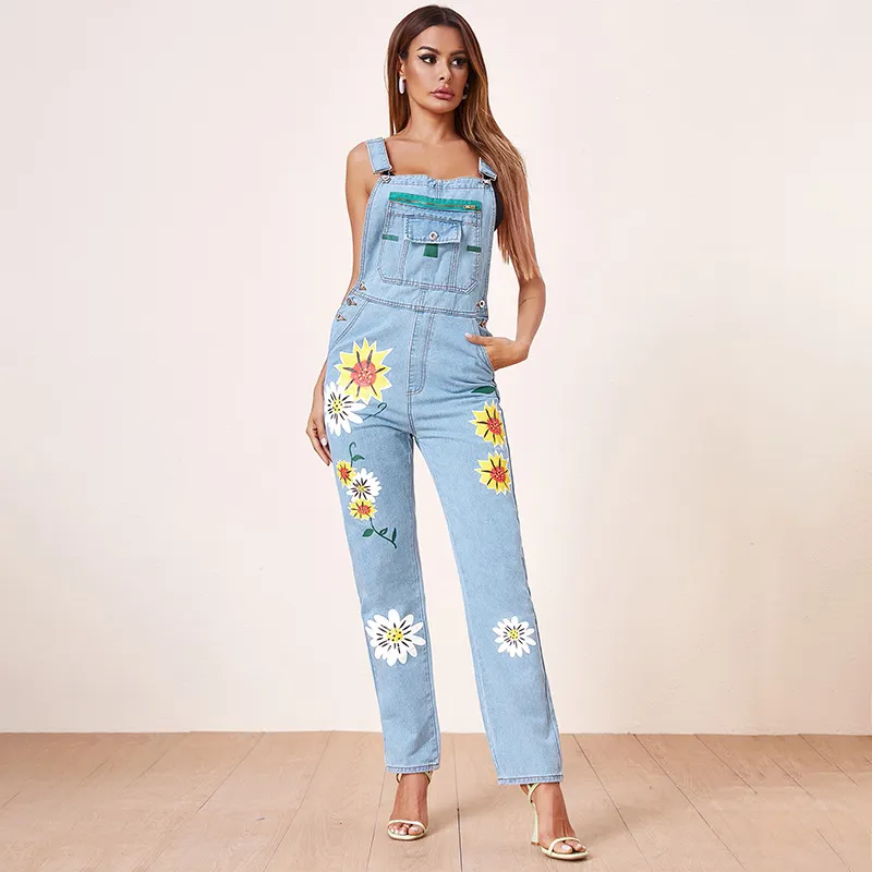 Women Casual Flower Printed Denim Overalls
