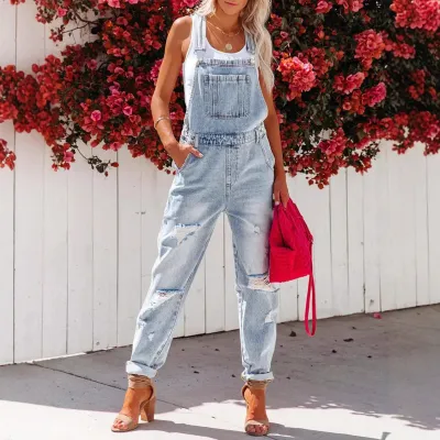 Women Casual Ripped Denim Overalls