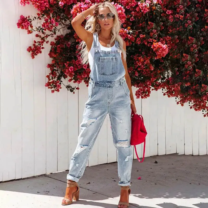 Women Casual Ripped Denim Overalls