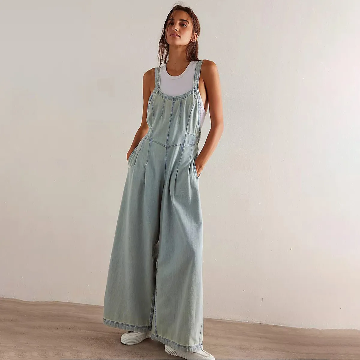 Women Casual Loose Wide-Leg Denim Suspenders Overalls