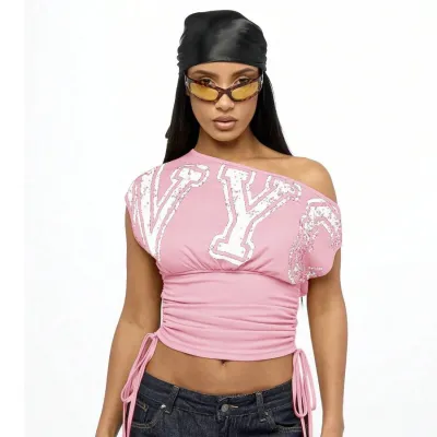 Women Fashion Sexy Printed Slant Shoulder Drawstring Pleated Crop Top