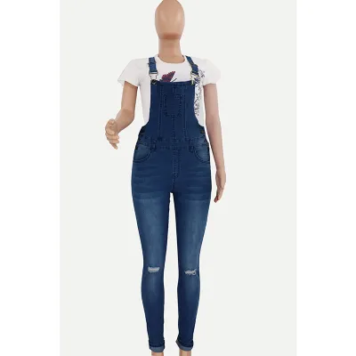 Women Casual Ripped Washed Cropped Denim Suspenders Overalls