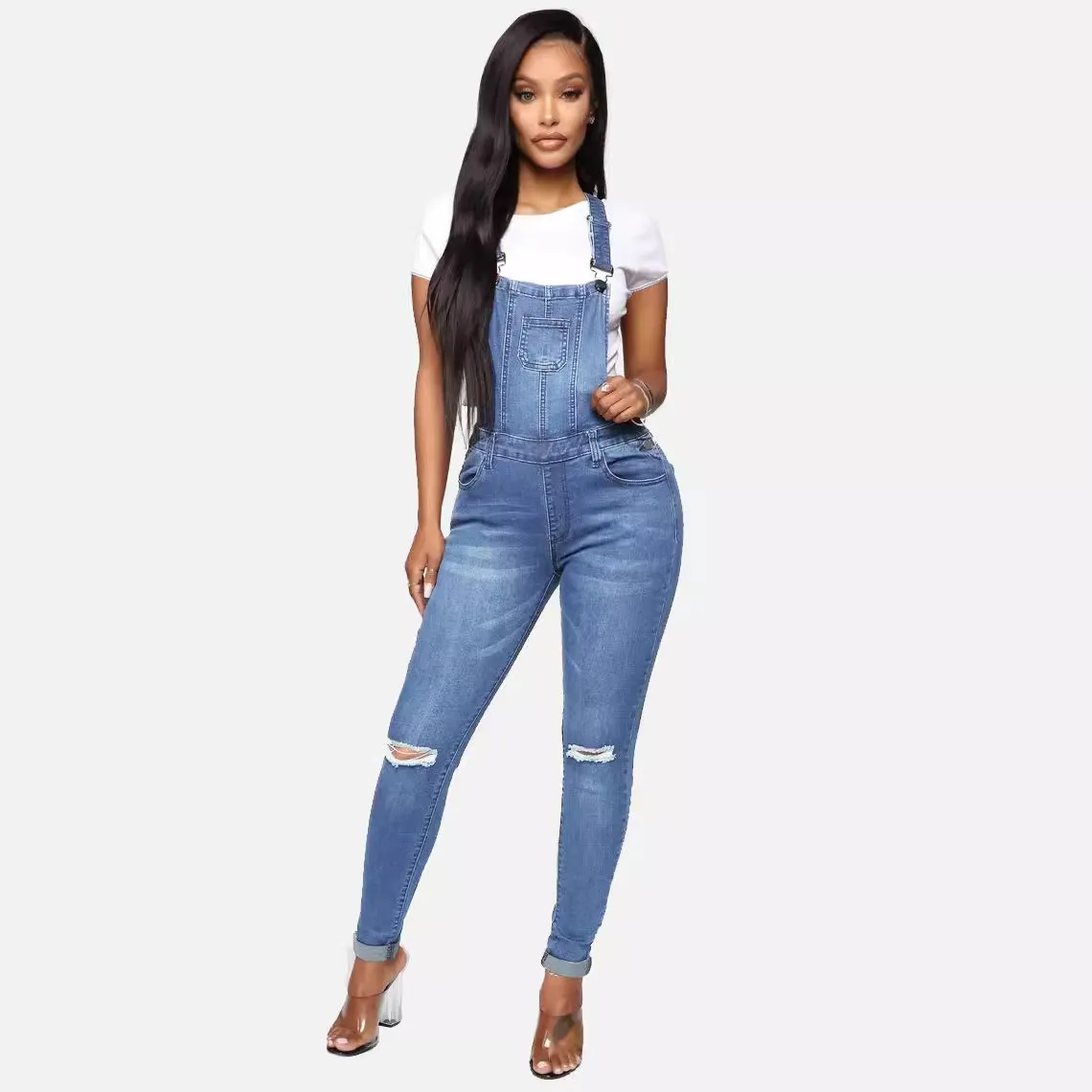Women Casual Ripped Washed Cropped Denim Suspenders Overalls