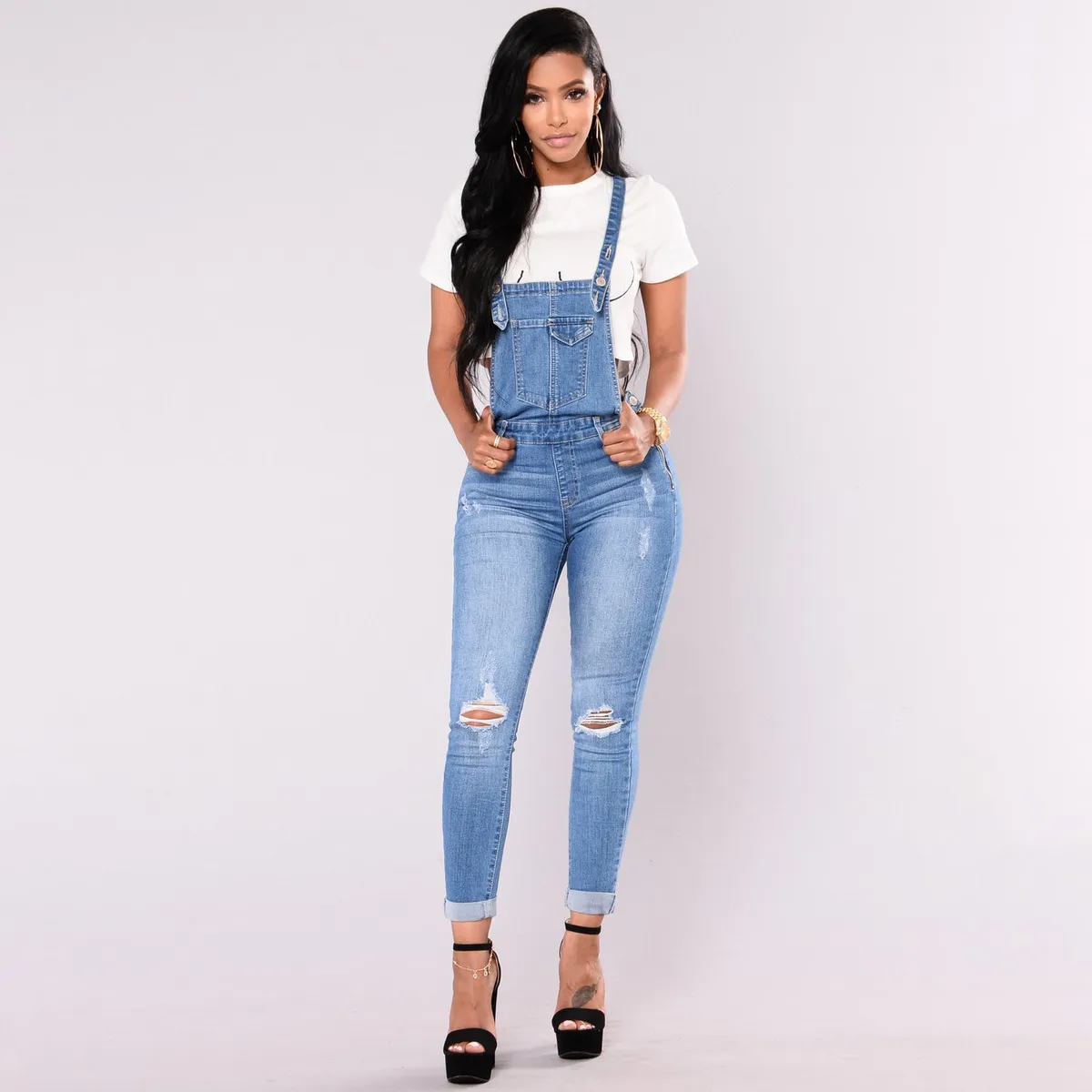 Women's Tight Ripped Denim Overalls