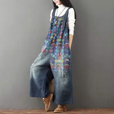 Women Casual Printed Ripped Wide-Leg Denim Overalls
