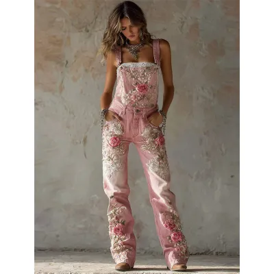 Women Casual 3d Digital Printing Loose Straight Denim Overalls