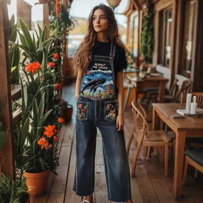 Women Casual 3d Digital Printing Loose Straight Denim Overalls