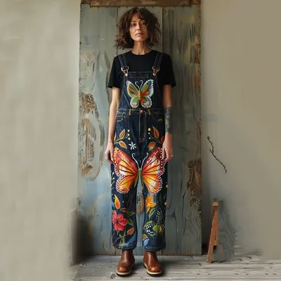 Women Casual 3d Digital Printing Loose Straight Denim Overalls