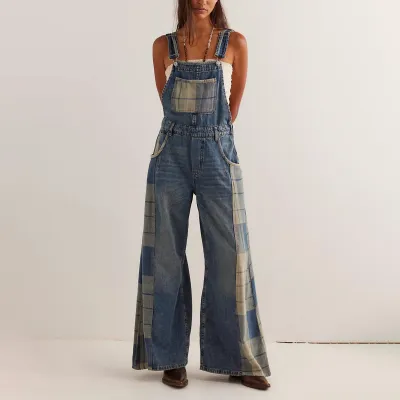 Women Casual 3d Digital Printing Loose Straight Denim Overalls
