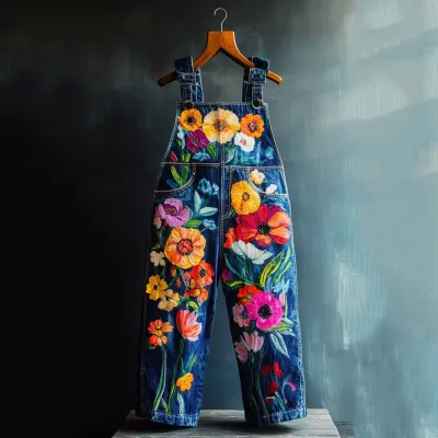 Women Casual 3d Digital Printing Loose Straight Denim Overalls
