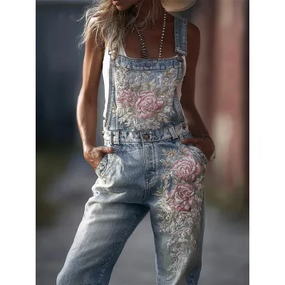 Women Casual 3d Digital Printing Loose Straight Denim Overalls