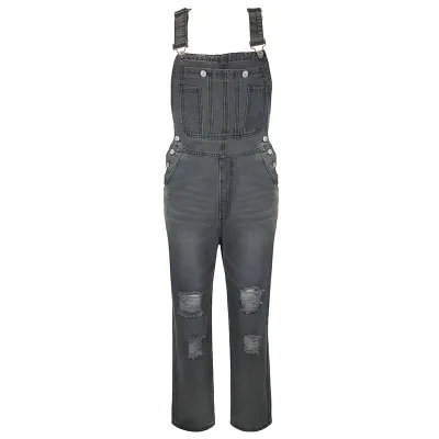 Women Casual Washed Straight Ripped Denim Overalls
