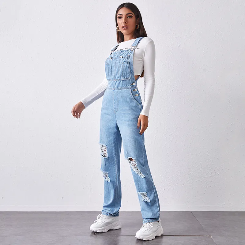 Women Casual Washed Straight Ripped Denim Overalls