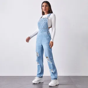 Women Casual Washed Straight Ripped Denim Overalls